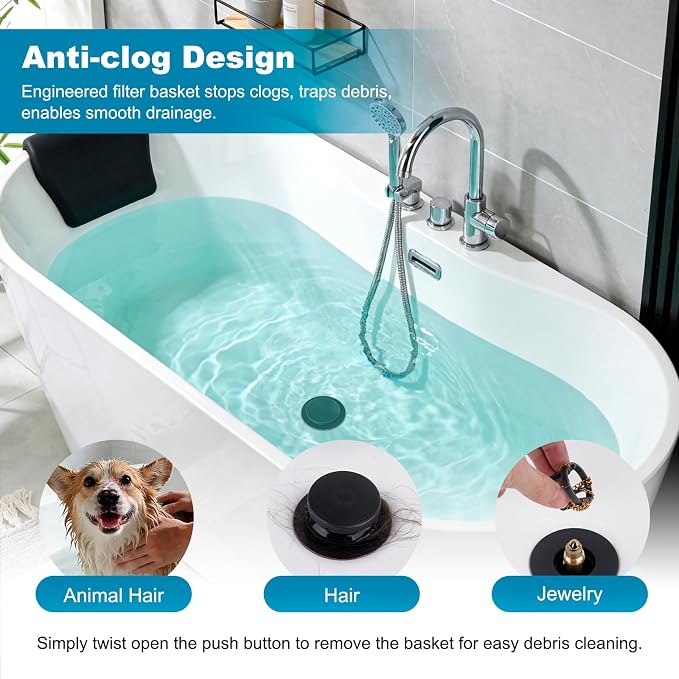 Hibbent 2 Pack 3 in 1 Metal Bathtub Drain Stopper, Universal Pop Up Tub Stopper - Image 7