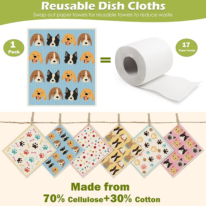 6 Packs Swedish Paper Cloths for Kitchen, Reusable Paper Towels Washable Dish - Image 3