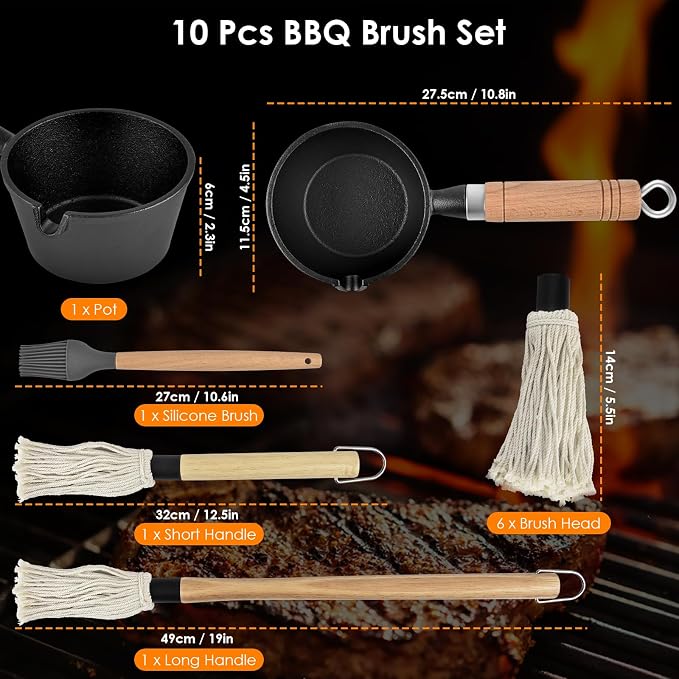BBQ Mop Brush and Cast Iron Sauce Pot Set, 2 Size Wooden Handle Sauce Mops - Image 5
