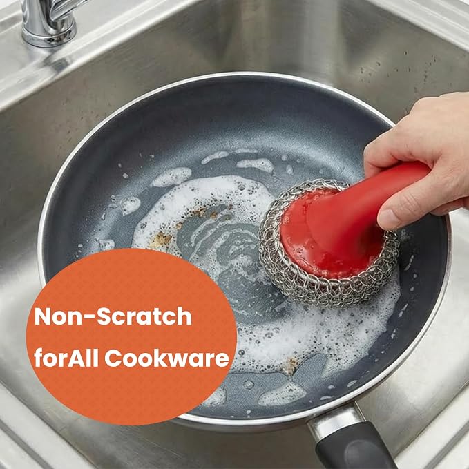 Cast Iron Scrubber with Long Handle | 316 Cast Iron Cleaner Chainmail Scrubber - Image 2