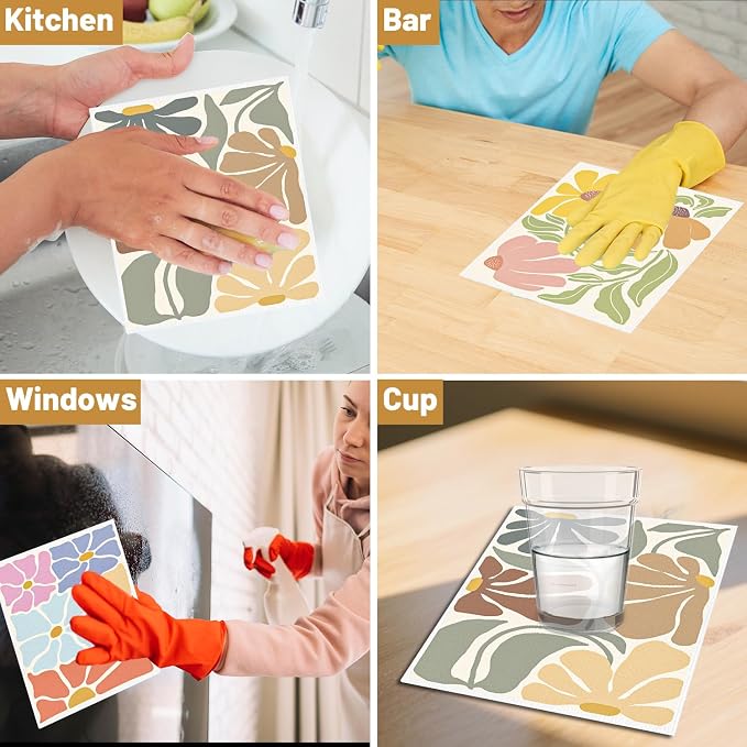 Boho Floral Swedish Dishcloths for Kitchen, Reusable Absorbent Cellulose Sponge - Image 6