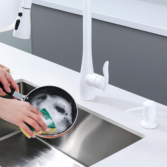 White Sink Soap Dispenser for Kitchen Sink, Built-in and Refill-from-Top Design - Image 2