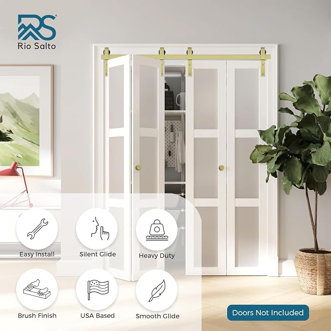 Rio Salto Gold Bifold Sliding Barn Door Hardware Kit Heavy Duty Metal Track - Image 9