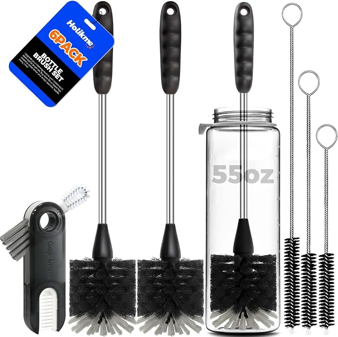 Holikme 6 Pack Bottle Brush Set, 3 Straw Brushes, 3-in-1 Bottle Cleaning Brush by Holikme