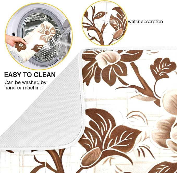 Brown Beige Floral Leaves Dish Drying Mat - Image 2