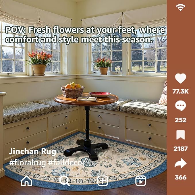 jinchan Elora Floral Corner Rug for Entryway Washable Rug Vintage Romance Design Non Slip Quarter Circle Lightweight Low-Pile Throw Carpet for Playroom Reading Nook Nursery, 4ft Radius, Blue/Beige