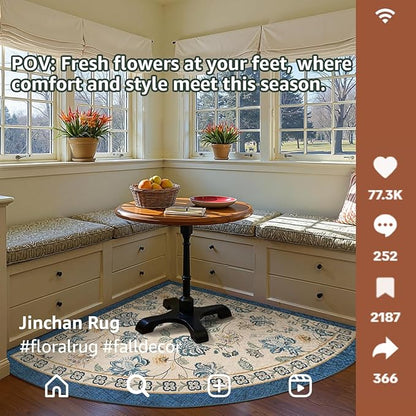 jinchan Elora Floral Corner Rug for Entryway Washable Rug Vintage Romance Design Non Slip Quarter Circle Lightweight Low-Pile Throw Carpet for Playroom Reading Nook Nursery, 4ft Radius, Blue/Beige