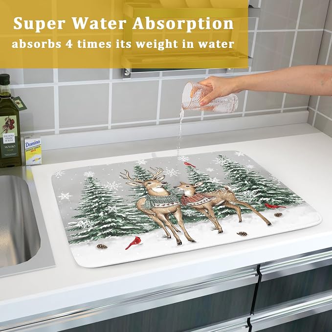 Winter Deer Dish Drying Mat Pine Tree Absorbent Dish Dry Pad Seasonal - Image 7