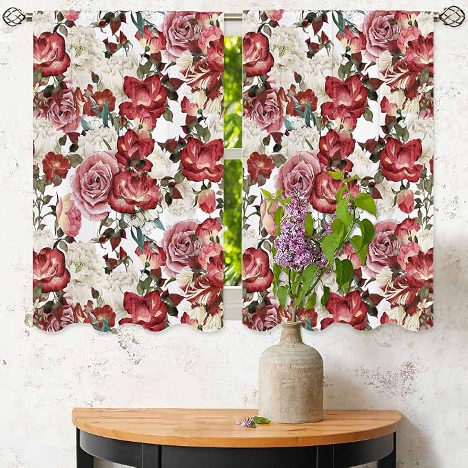 Vintage Floral Kitchen Curtains Red Pink White Peony Roses Bouquet Short Tier - Image 6