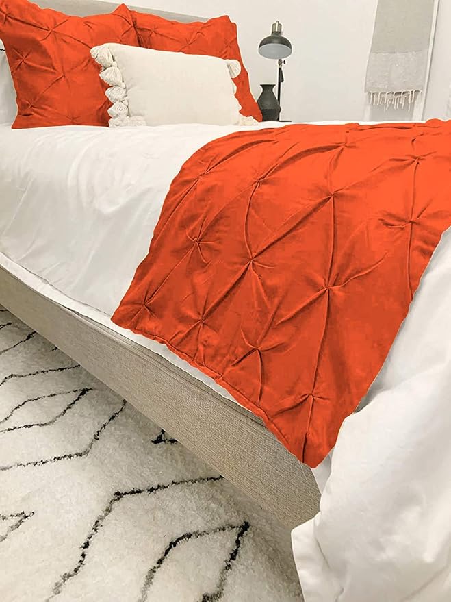 Bed Runner Set - 100% Pure Cotton 800 Thread Count - Luxury 1 Pinch Pleated Bed Runner and 2 Pillow Cover - 3 Piece Pinch Pleated Bed Runner Set Twin, Orange