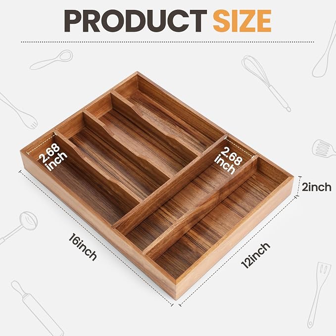 Acacia Wood Silverware Drawer Organizer, 12 Inch Adjustable Cutlery Tray - Image 2