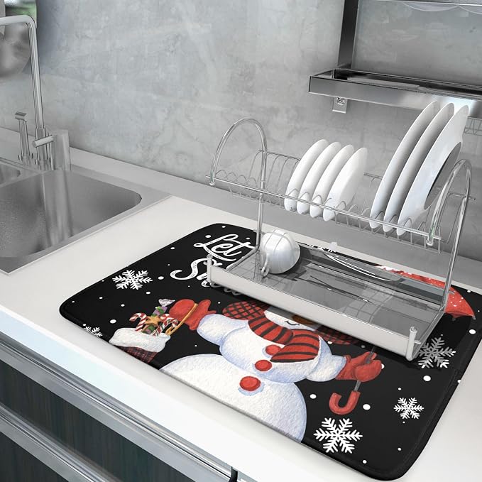 Black Snowman Dish Drying Mats for Kitchen Counter, Winter Snowflake Dish Mat - Image 5