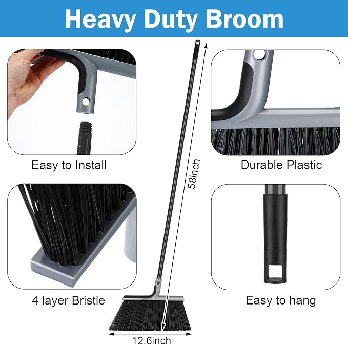 4 Set Broom and Dustpan Set 58 Inch Commercial Broom and Dustpan Combo Set - Image 3