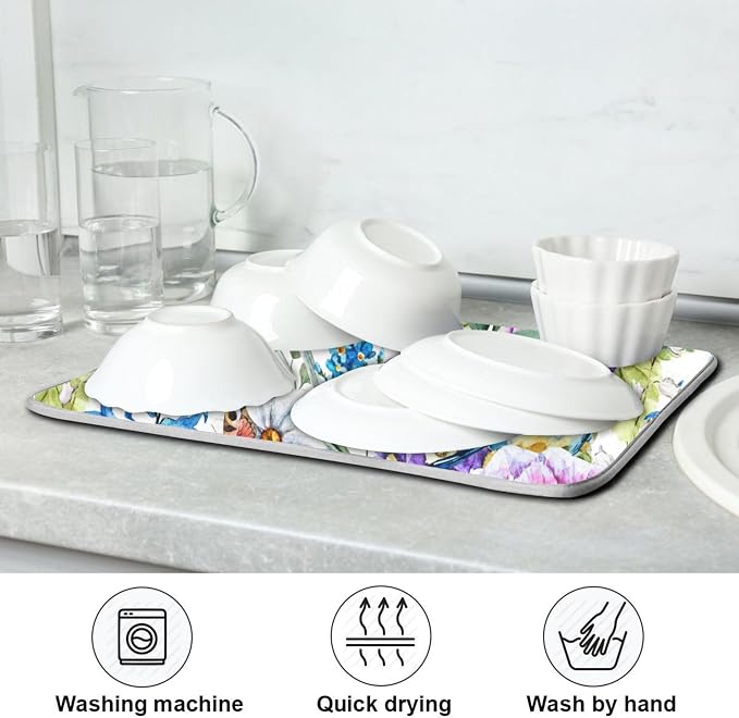 Floral Birds Dish Drying Mat for Kitchen Spring Globe Daisy Butterfly Flowers - Image 7