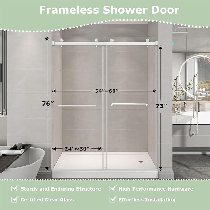 55"-60" W x 76" H Frameless Shower Door, Double Sliding Shower Door, 5/16" - Image 3