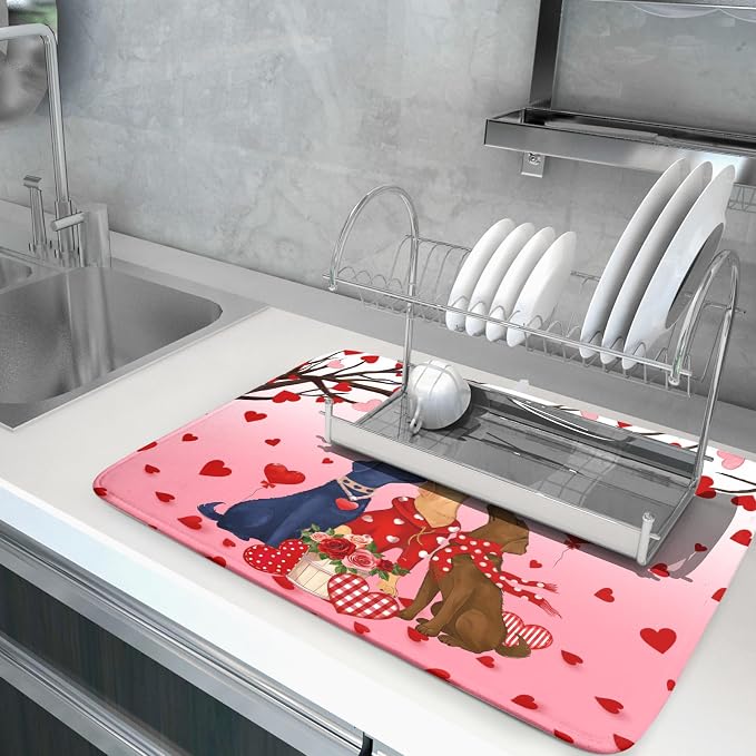 Love Dog Dish Drying Mat 18"x24" Red Heart Microfiber Dish Drainer Mat Hanging - Image 5