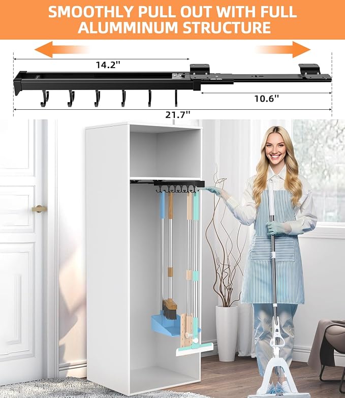 Pull Out Broom Holder With Adjustable Double Row Sliding Hook, - Image 3