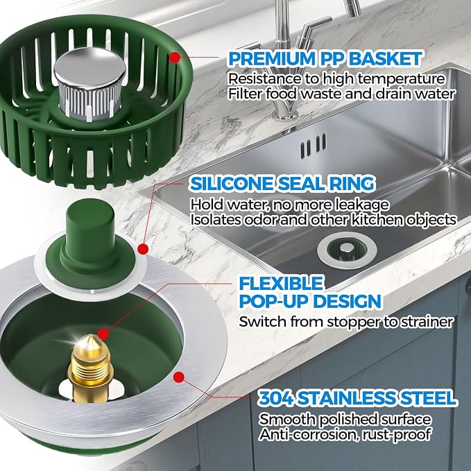 Upgraded 3in1 Kitchen Sink Drain Strainer & Sink Stopper, Stainless Steel - Image 5