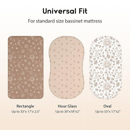 Baby Bassinet Sheets Girl Boy, Fitted Bassinet Sheet Set 3 Pack Bassinet Mattress Sheets Universal Fit for Rectangle, Round, Oval, Hourglass Mattress, Soft Breathable White Brown Sun God