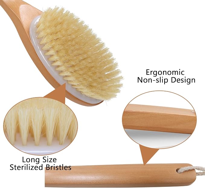 OWIIZI Bath Brushes with Soft and Natural Bristles Antiskid Wooden Long Handle - Image 4