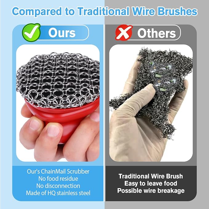 Onewly Cast Iron Scrubber and Scraper, Chain Mail Scrubber Cast Iron - Image 3