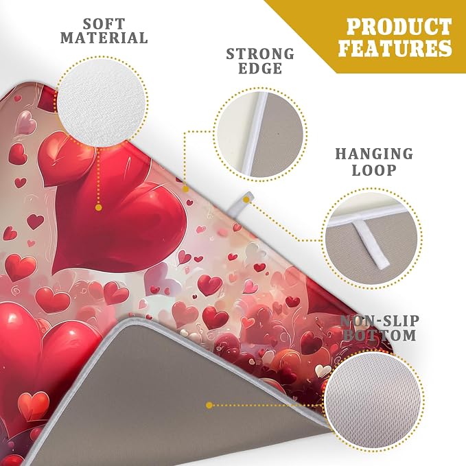 Valentines Day Dish Drying Mat for Kitchen Counter 24x18 Inch Red Heart Drying - Image 3