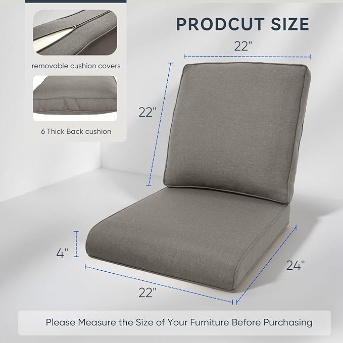 Outdoor Chair Cushions 3 Packs - Outside Durable Thick Replacement Back and Seat Cushion 22x24 with Zipper Cover for Patio Glider Rocking Chairs Loveseat Couch – Grey/Regular