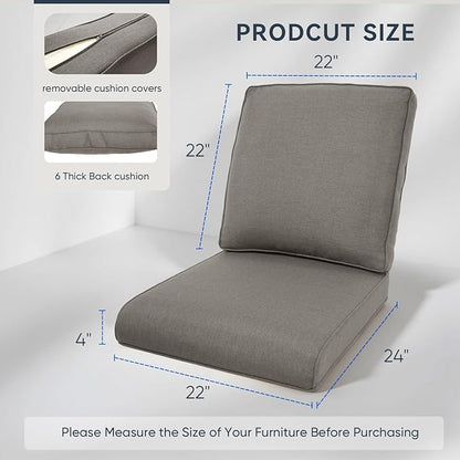 Outdoor Chair Cushions 3 Packs - Outside Durable Thick Replacement Back and Seat Cushion 22x24 with Zipper Cover for Patio Glider Rocking Chairs Loveseat Couch – Grey/Regular