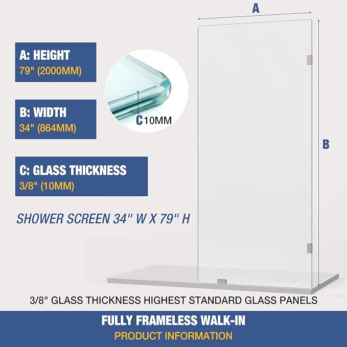 Shower Glass Panel 34" x 79" Easy-to-Clean Treated, 3/8" Tempered Glass Shower - Image 6