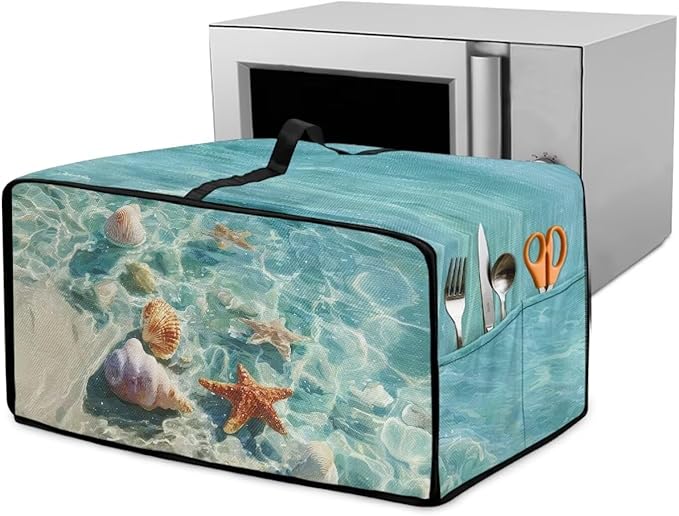 Toaster Oven Cover Washable Small Kitchen Appliance Dust Cover with Pockets, for Air Fryer Toaster Ovens, Microwaves, L, 18.5 x 22.5 x 13 Inches, Blue Beach Starfish Seashell Conch Whelk