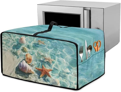 Toaster Oven Cover Washable Small Kitchen Appliance Dust Cover with Pockets, for Air Fryer Toaster Ovens, Microwaves, L, 18.5 x 22.5 x 13 Inches, Blue Beach Starfish Seashell Conch Whelk