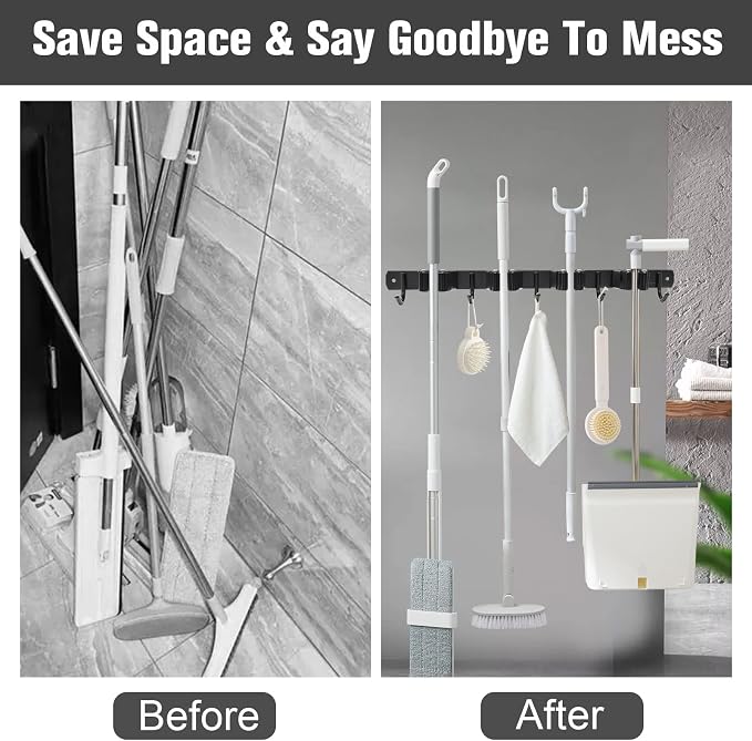 2 Pack Mop and Broom Holder Wall Mount 4 Racks and 5 Hooks Broom Organizer - Image 3