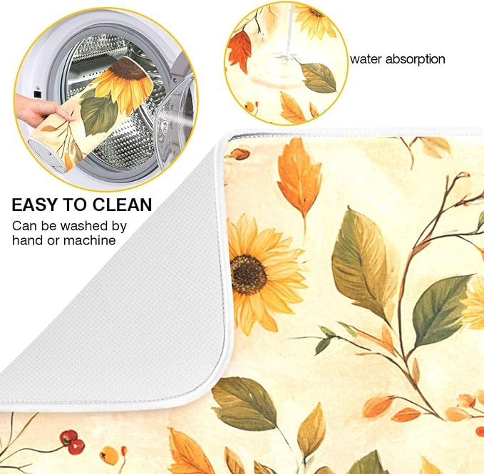 Watercolor Sunflowers Autumn Leaves Dish Drying Mat - Image 2