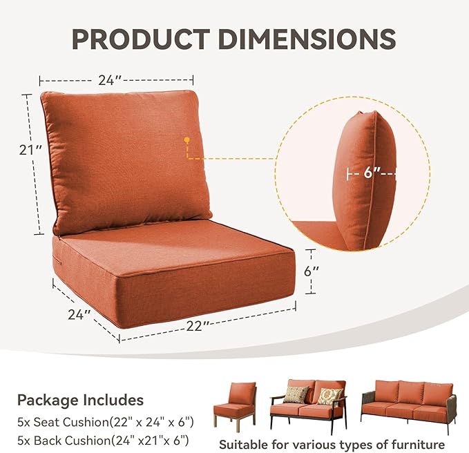 Outdoor Cushion Set for Furniture Patio Furniture, UV Resistant, Water Resistant - 6 Inch Thick Foam Garden Cushions– 22x24 Inch Patio Seat Covers for Chair/Sofa/Couch | Orange | 5-Pack |