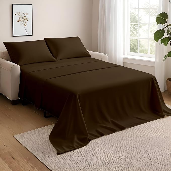 NON Sticky cotton Twin Size Sleeper Sofa Sheets, 4 Piece Egyptian Cotton Bed Sheet Set for Sofa Bed, 10" Deep Pocket for Pull Out Couch Mattress, 39" x 75", Chocolate Solid, Soft & Breathable