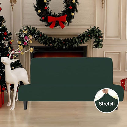 Easy-Going Stretch Futon Slipcover Armless Futon Bed Cover Furniture Protector Without Armrests with Elastic Bottom for Kids, Soft Jacquard Fabric Small Checks (Large, Dark Green)