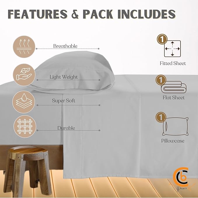 Camping Cot Sheets 33" x 75" - 3 Piece Cot Sheet Set for Bunk Bed - fits upto 9" Deep Mattress, Perfect for Narrow Twin, Camping Cot, RV Bunk, Guest Beds, Trifold Mattress - Light Grey