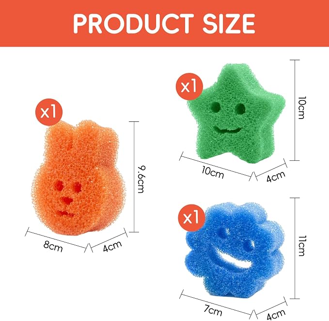 3pcs Functional Scrub Sponges Set, Dad Mom Daily Scrub Sponge Cute Animal Smile - Image 2