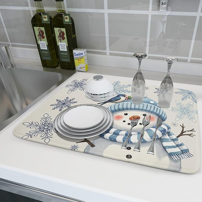 Winter Snowman Dish Drying Mat for Kitchen Counter 18x24 Blue Snowflake Bird - Image 6