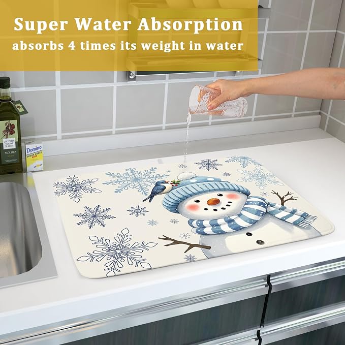 Winter Snowman Dish Drying Mat for Kitchen Counter 18x24 Blue Snowflake Bird - Image 7