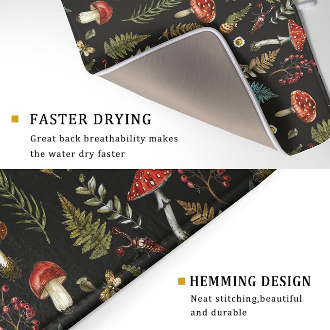Natural Botanical Dish Drying Mat Mushroom Fern Leaves Berry Drainer Mat Black - Image 3