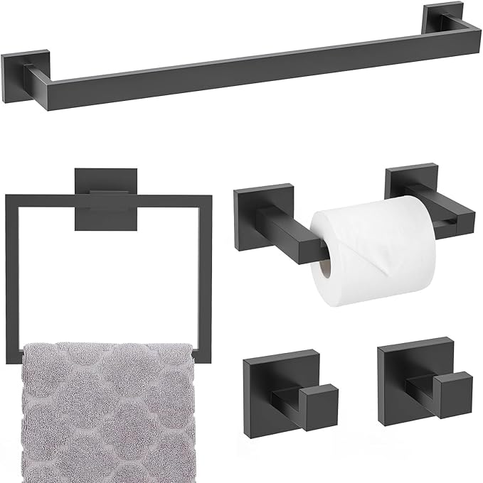 TNOMS Matte Black Towel Bar Set 5-Piece Bathroom Hardware Accessories Set by TNOMS