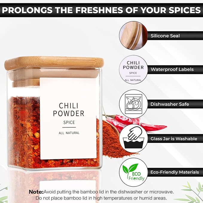 12 Pcs Square Glass Spice Jars - 5oz Airtight Herb Containers with 148 - Image 5