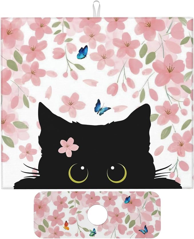 Flowers Black Cat Butterfly Dish Drying Mat by Unknown
