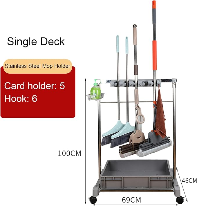 Movable Commercial Mop Rack, Floor Standing Cleaning Tool Cart Storage - Image 2
