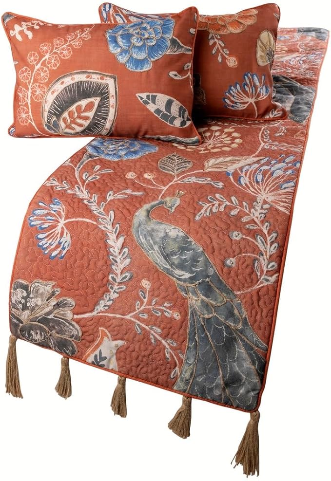 The HomeCentric Orange Bed Runner, King Size 90"x18" Decorative Bed Runner with 2 Matching Pillow Cover, Rust or Orange Linen Bed Scarf in Quilted Peacock, Linen & Jute Embroidery - Peacock Soiree
