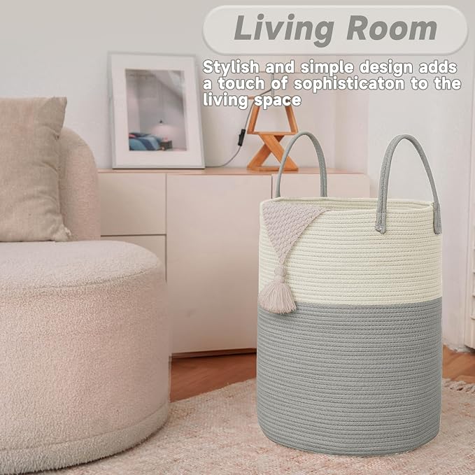 Large Woven Laundry Basket Hamper, 60L Cotton Rope Storage Bin - Image 3