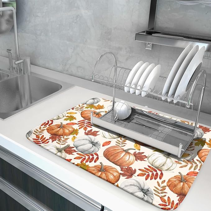 Fall Dish Drying Mat for Kitchen Counter 16x18 Inch Autumn Pumpkins Maple - Image 5