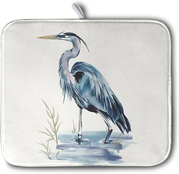 Summer Dish Drying Mat Blue White Heron Beach Absorbent Microfiber Drying Mats by Kwlegh