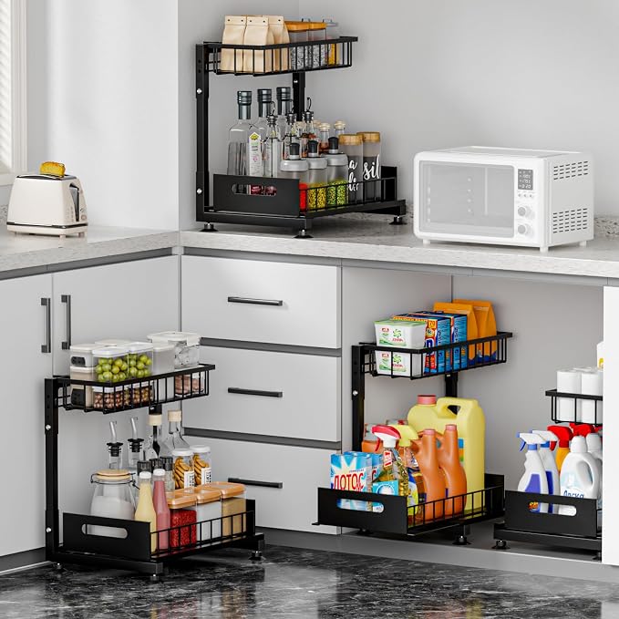 L-Shaped Under Sink Organizer, 2-Tier Pull Out Metal Kitchen Cabinet Organizer - Image 3
